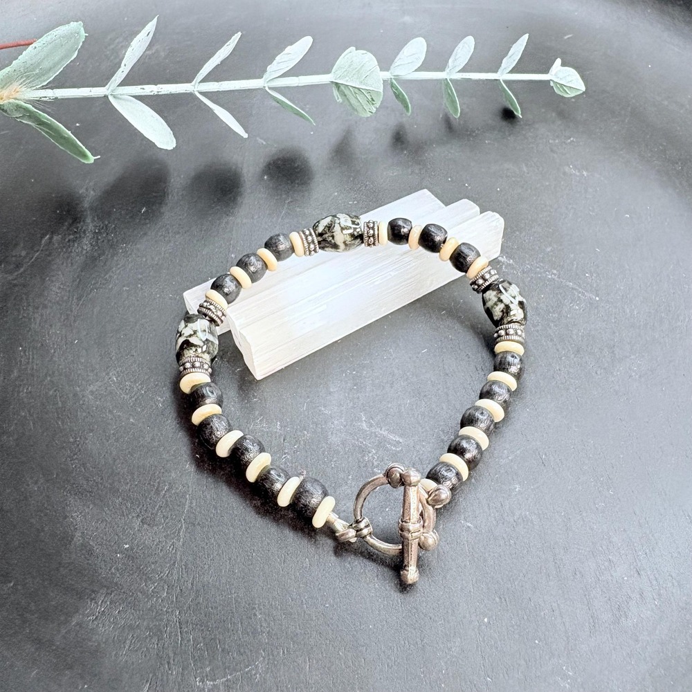 Black & Cream Beaded‎ Bracelet | Glass + Wood | Silver Tone Toggle Clasp | Boho
